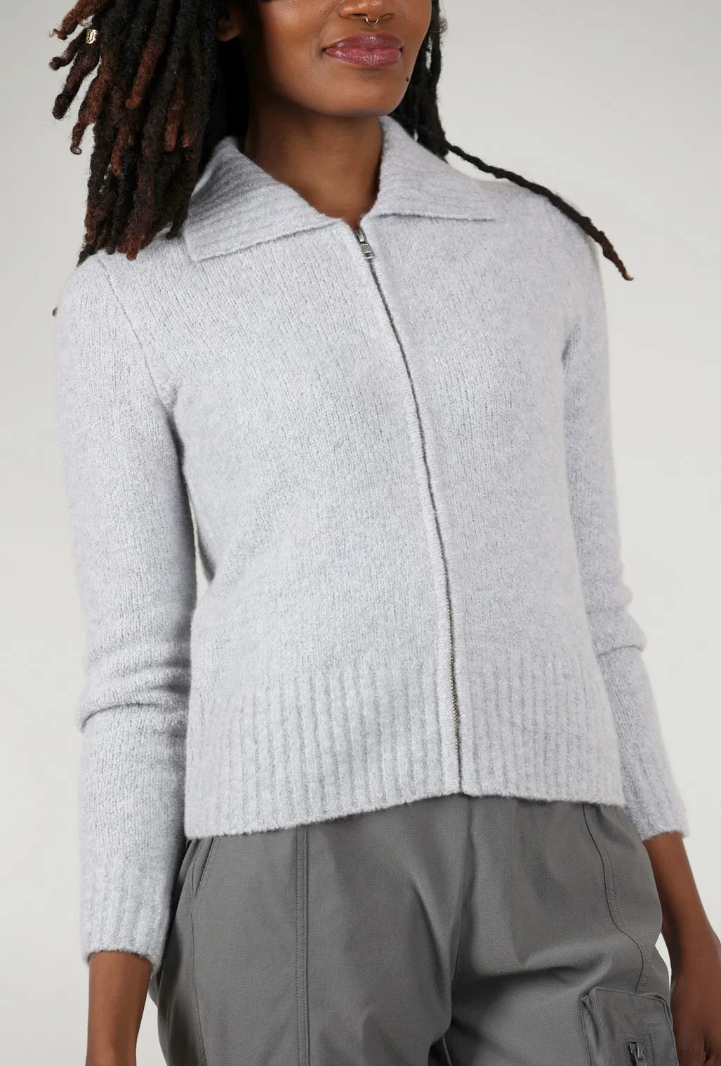 Cashmere Boucle Full-Zip Polo, Argento Gray Polished Look