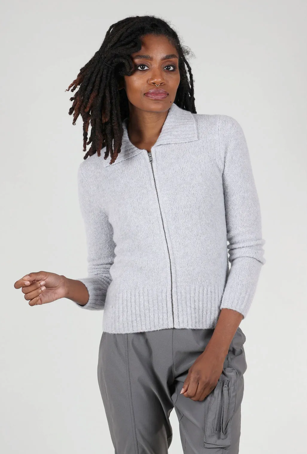 Cashmere Boucle Full-Zip Polo, Argento Gray Stylish winter knit Trendy textured knit