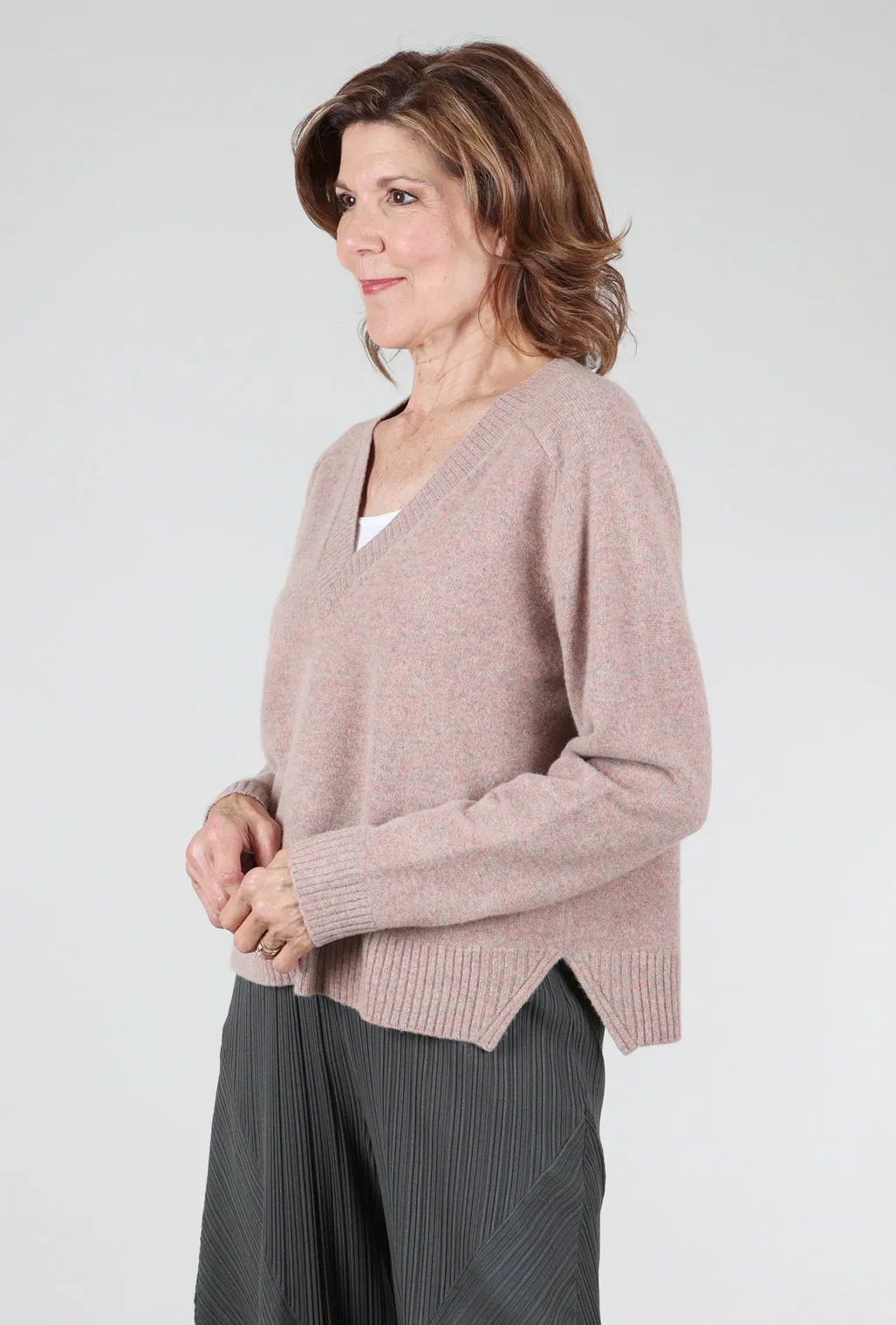 Cashmere Felted Easy V-Neck Sweater, Rose Quartz