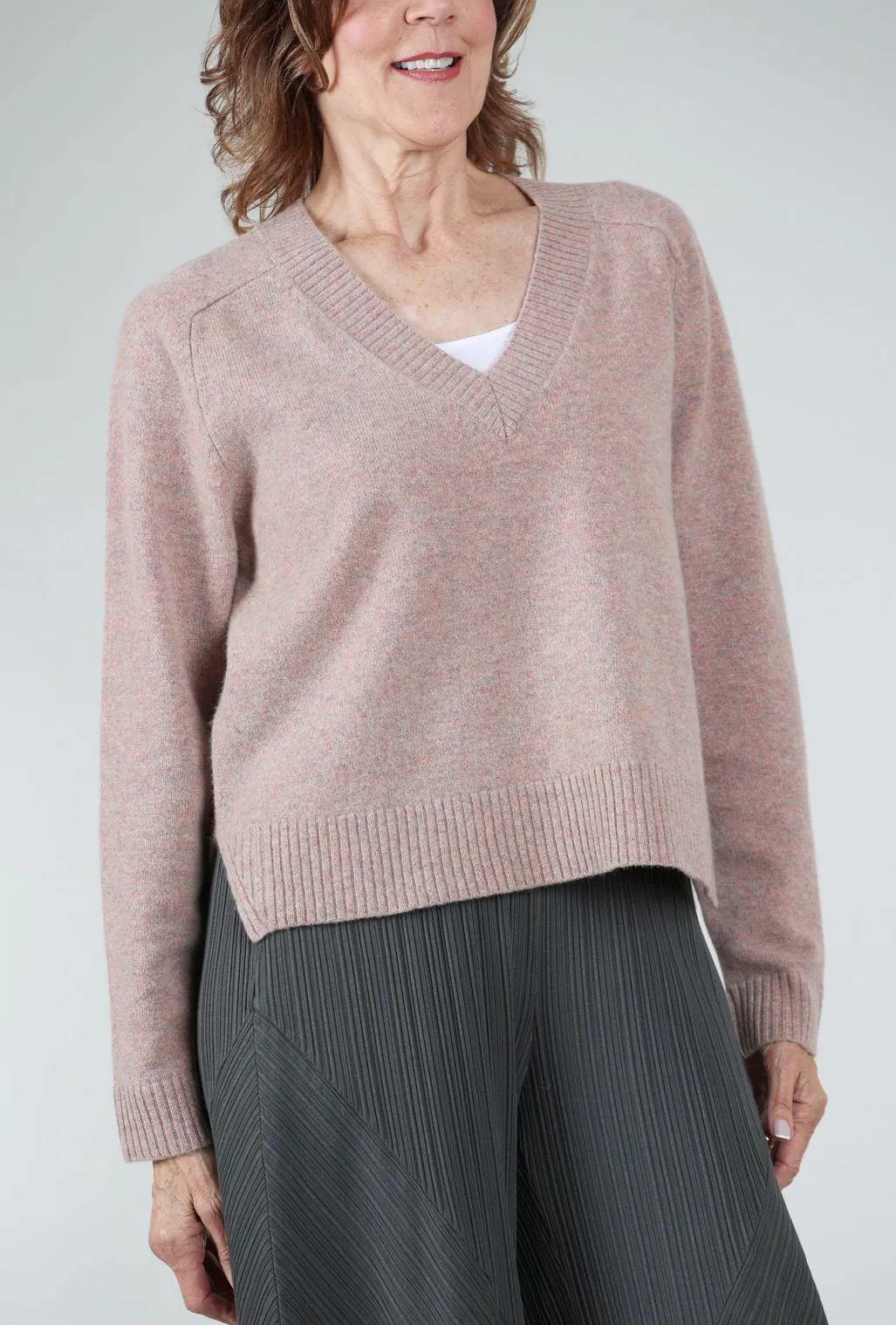 Cashmere Felted Easy V-Neck Sweater, Rose Quartz