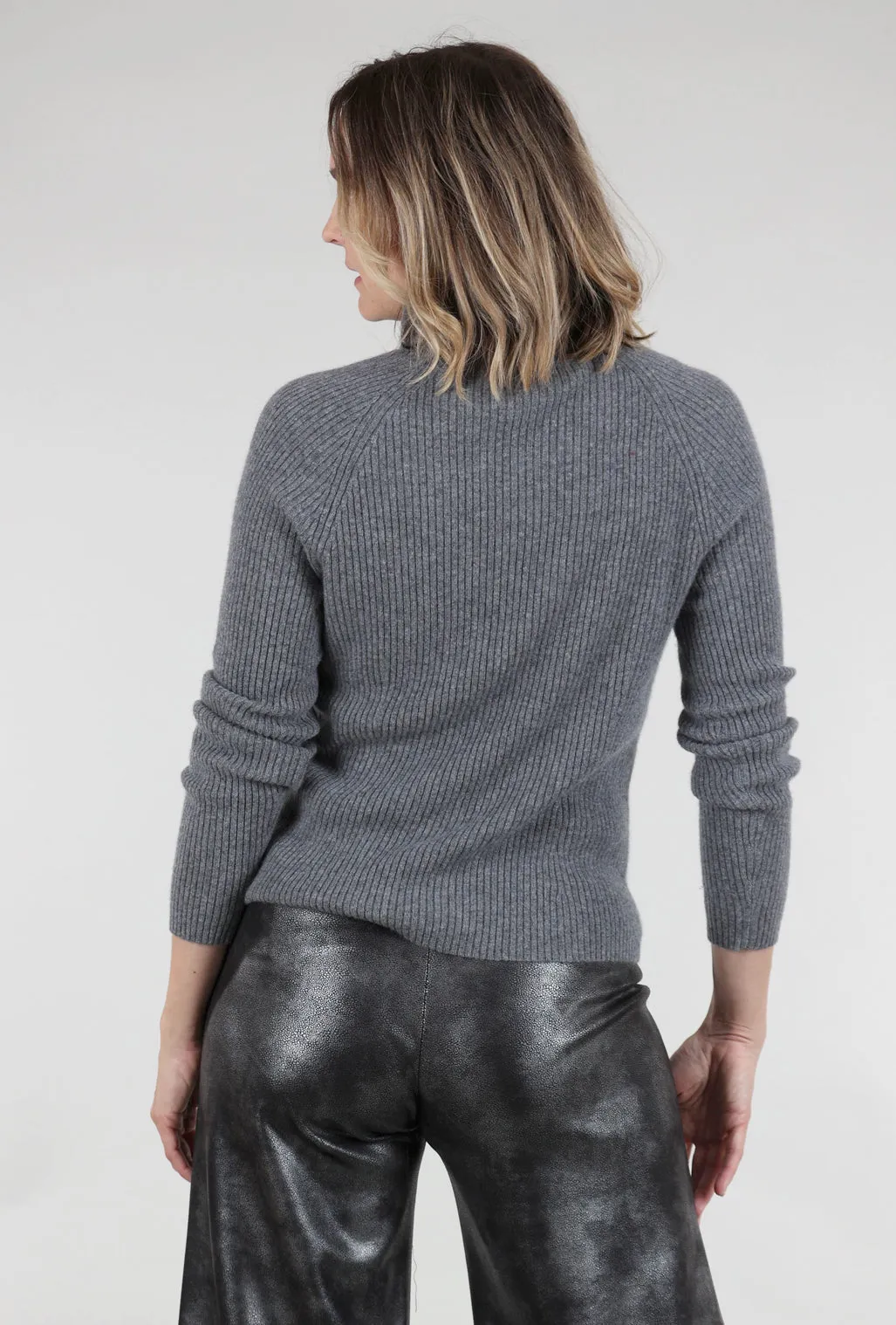 Cashmere Ribbed Details Tneck, Mistral Gray batwing sleeve