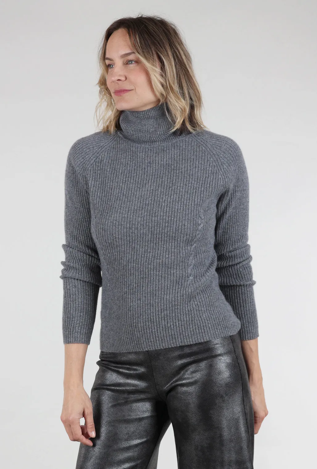 Cashmere Ribbed Details Tneck, Mistral Gray batwing sleeve