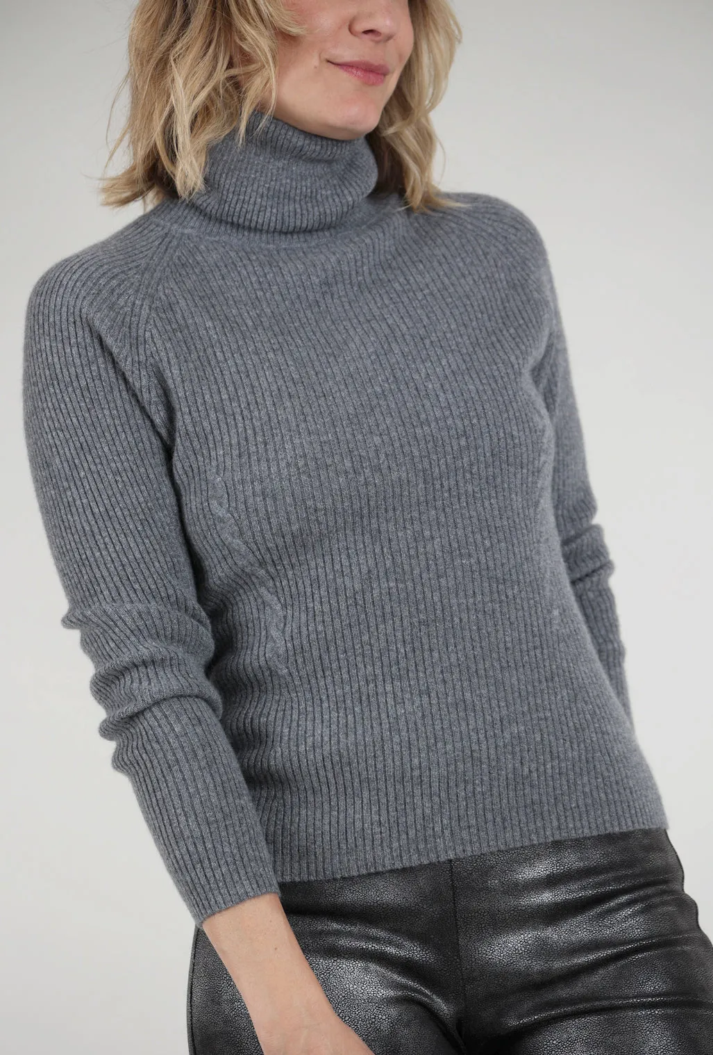 Cashmere Ribbed Details Tneck, Mistral Gray batwing sleeve