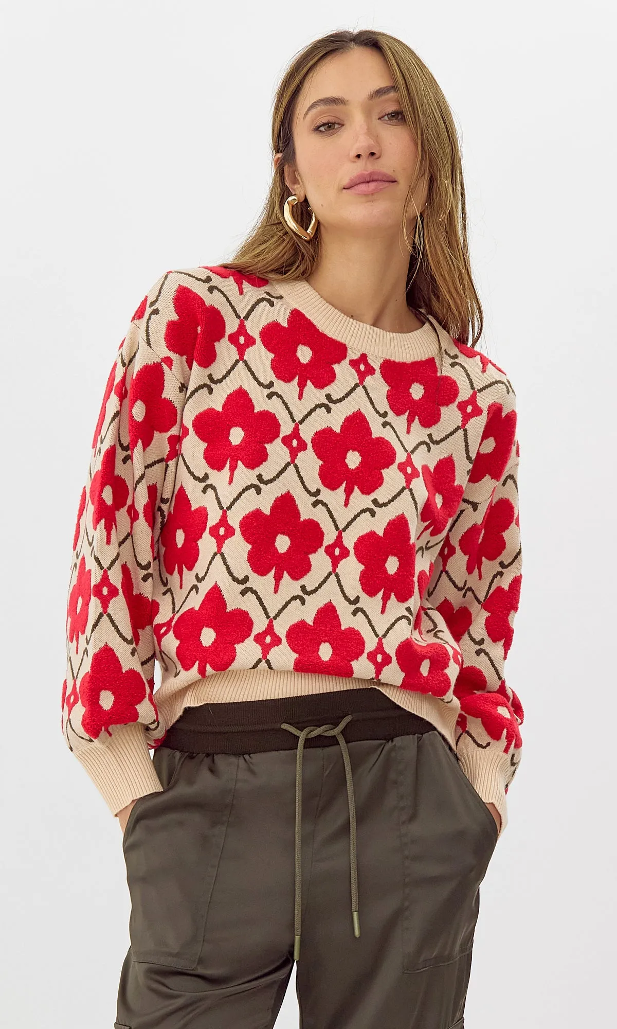 Cashmere Soft Lorna Textured Flower Pull Over Knit Sweater