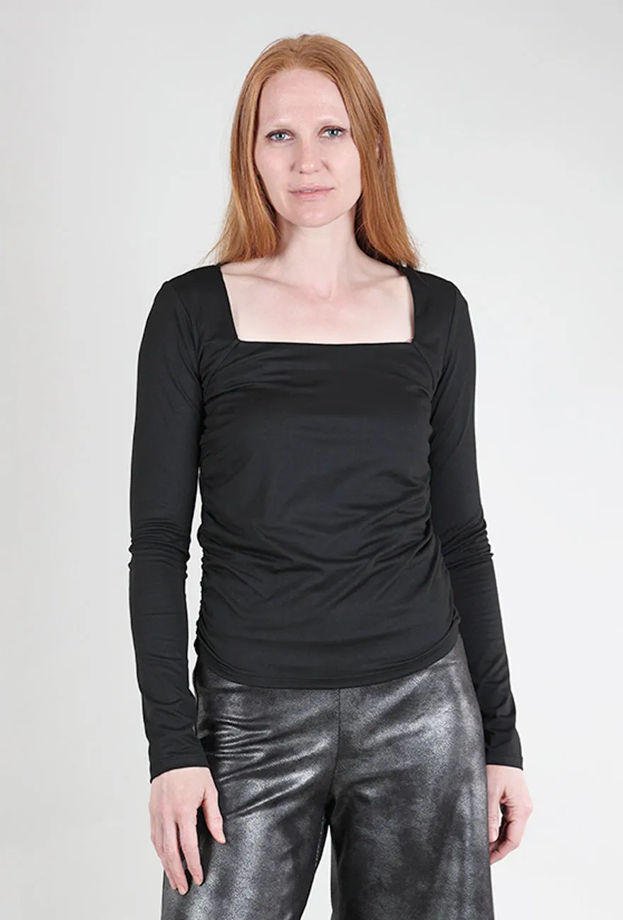 Ruched-Waist Square-Neck Top, Black handsome style batwing sleeve