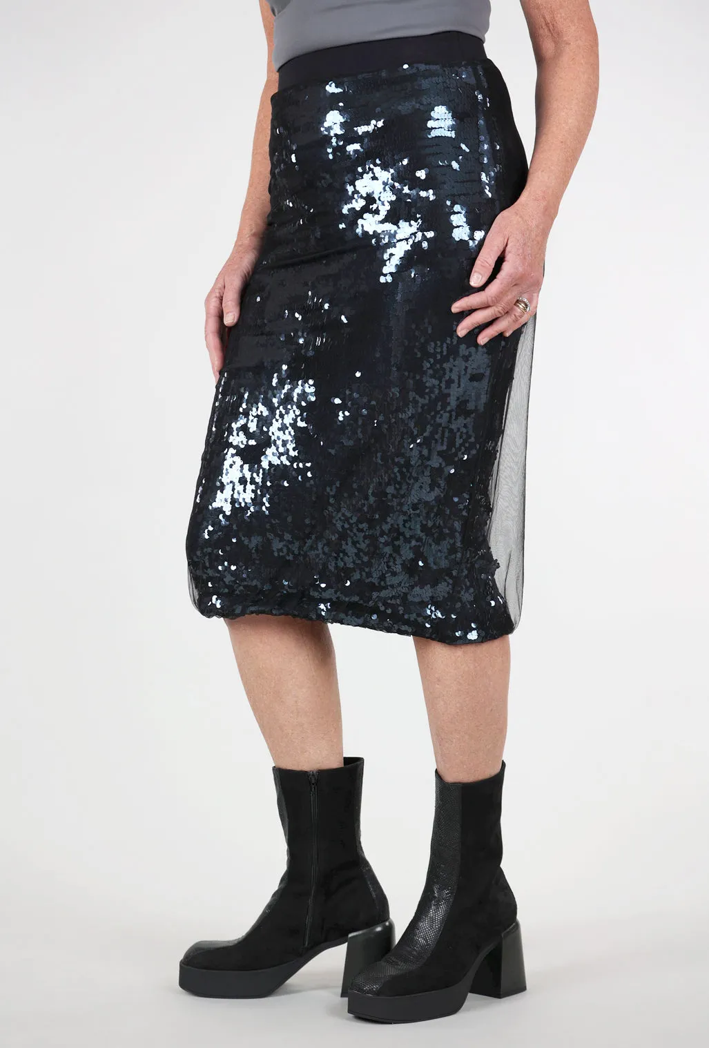 Catalina Netted Sequin Skirt, Navy Soft Finish