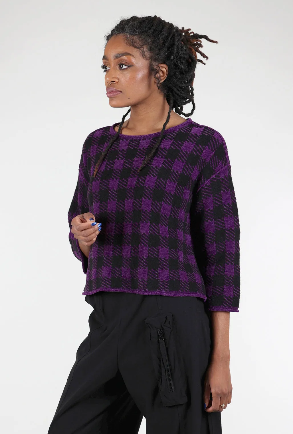 Chenille Check Sweater, Amethyst Thick Fleece