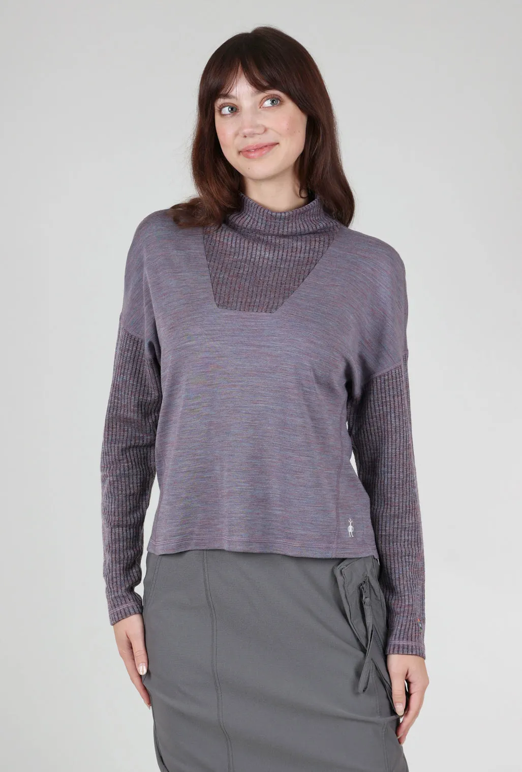 Minimalist Striped Pattern Thermal Merino Rib Inset Top, Chalk Violet Heather