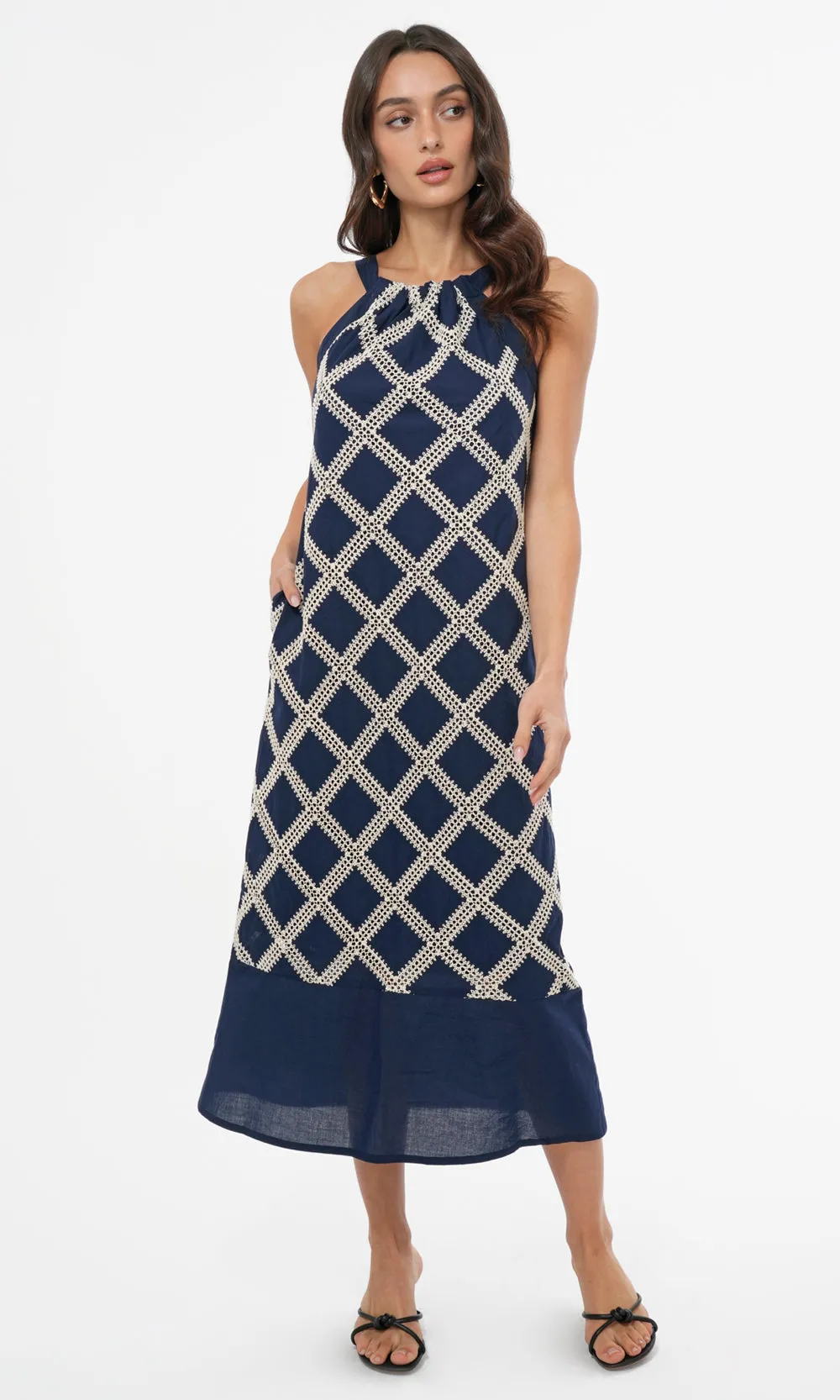 Grid Crochet Work Midi Dress