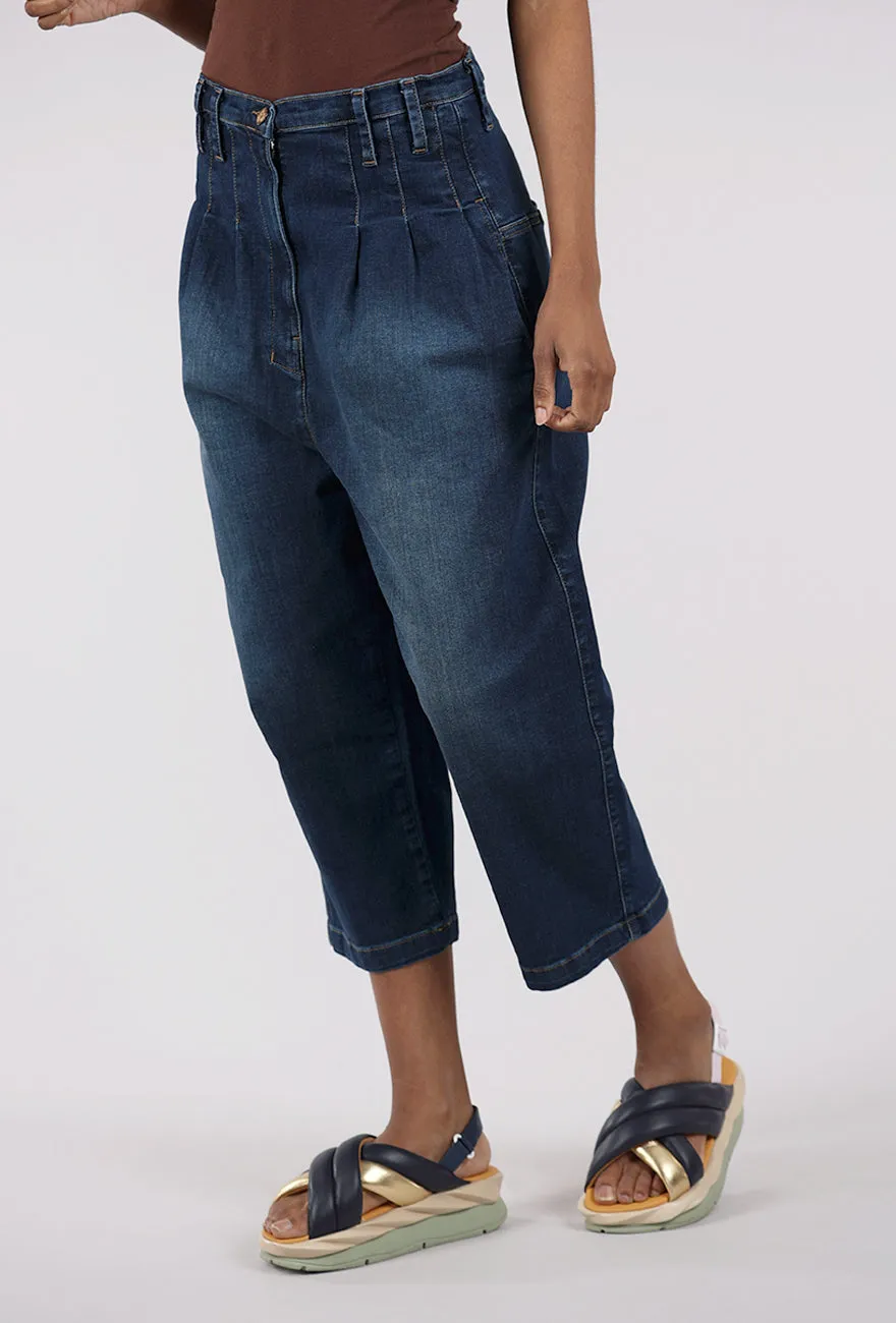 Classic Fit Pleat Crop Denim, Blue