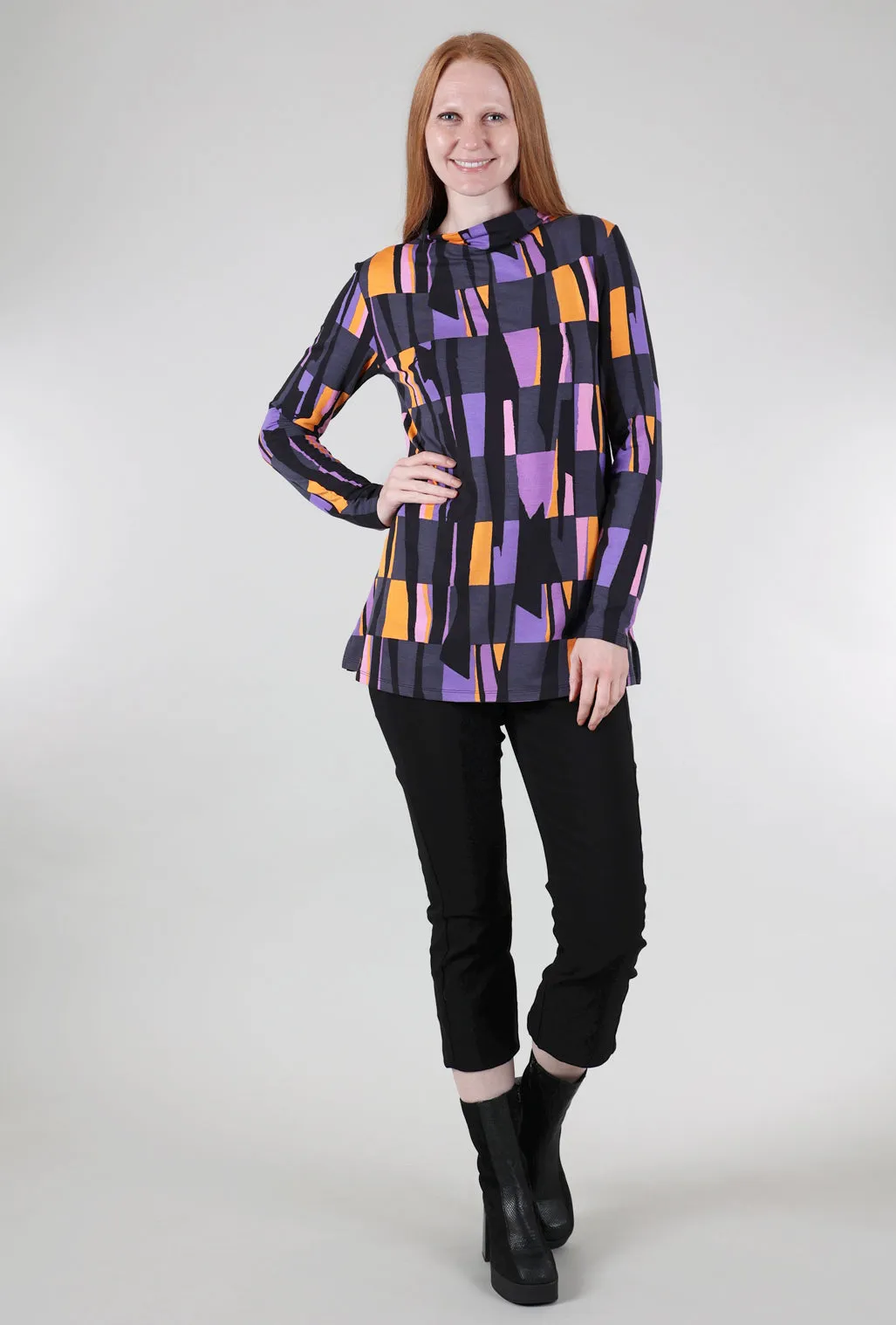 Classic Knit Drape-Neck Swing Tneck, Violet Print