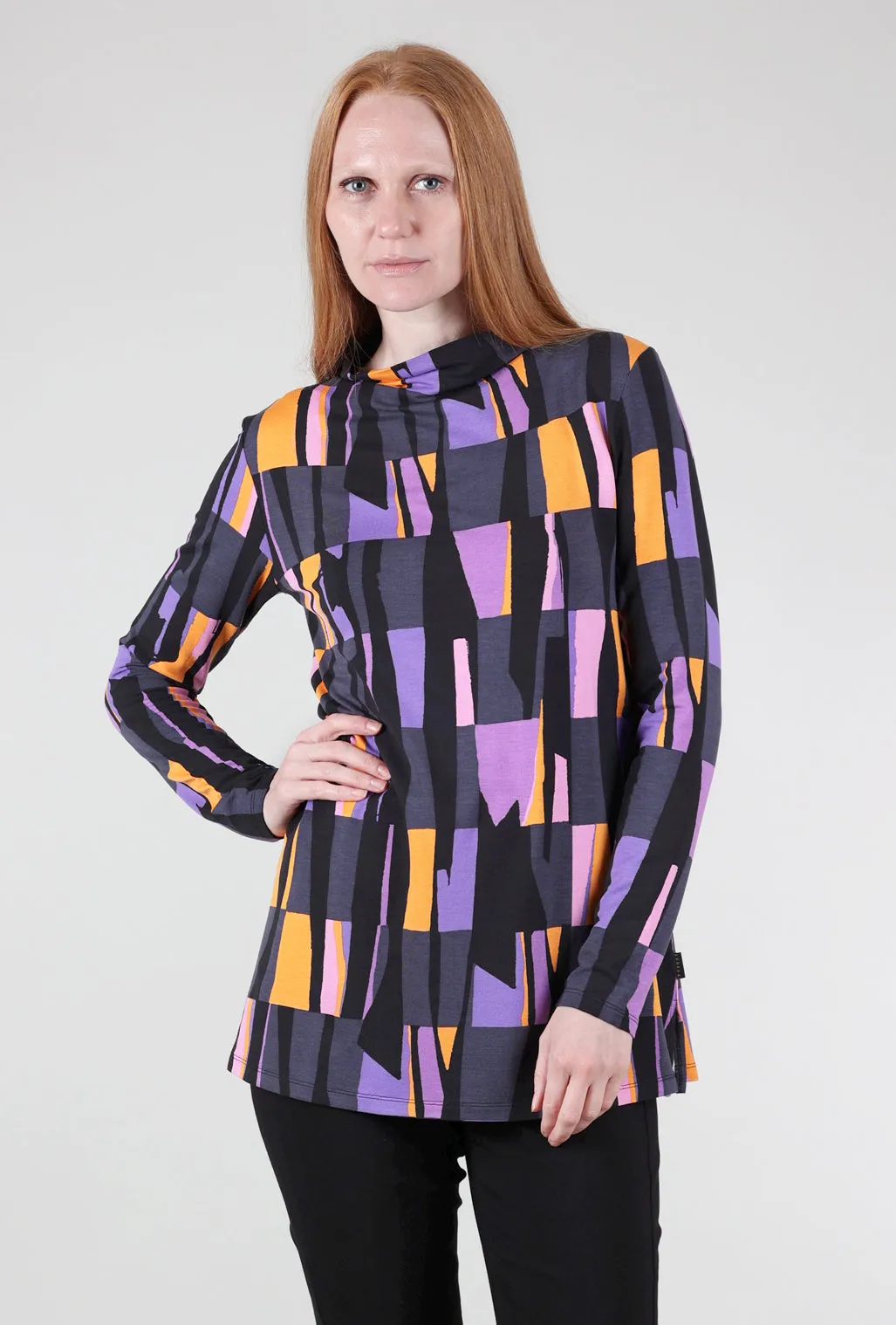 Drape-Neck Swing Tneck, Violet Print Minimalist