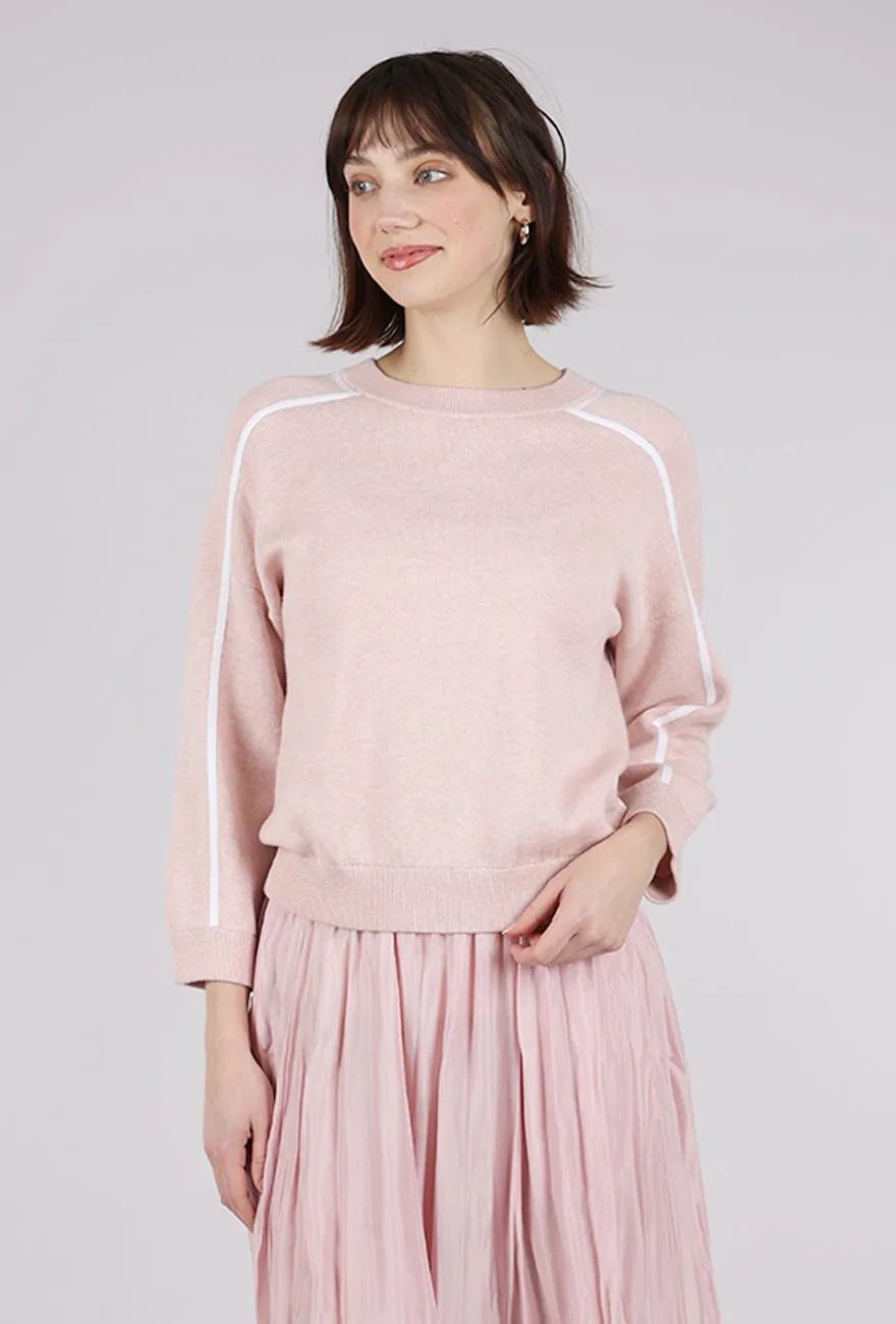 Textured sweater design Trendy casual knit Contrast Stitch Crew, Petal/White
