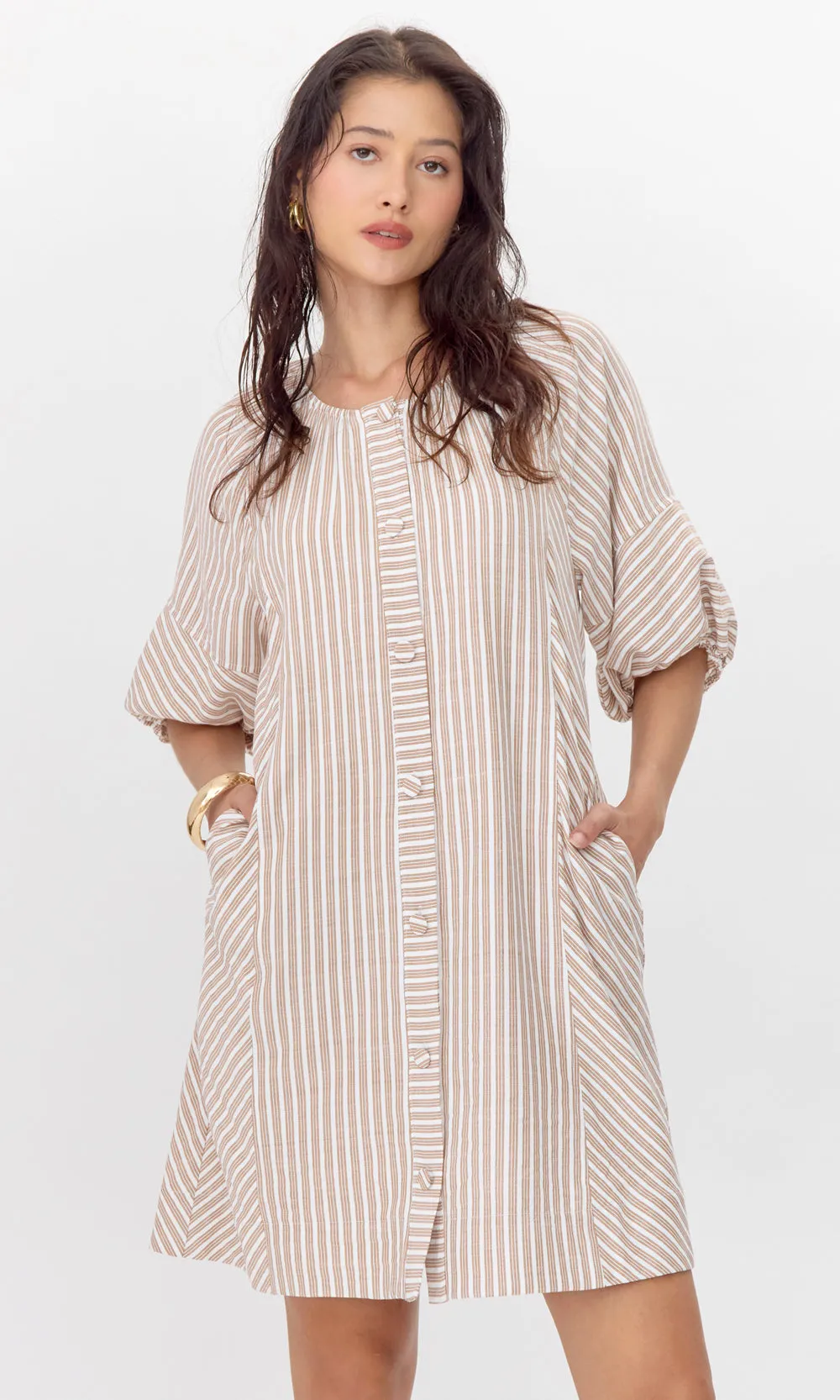 Kyra Stripe Button Front Mini Dress Soft fabric piece Formal Outfit