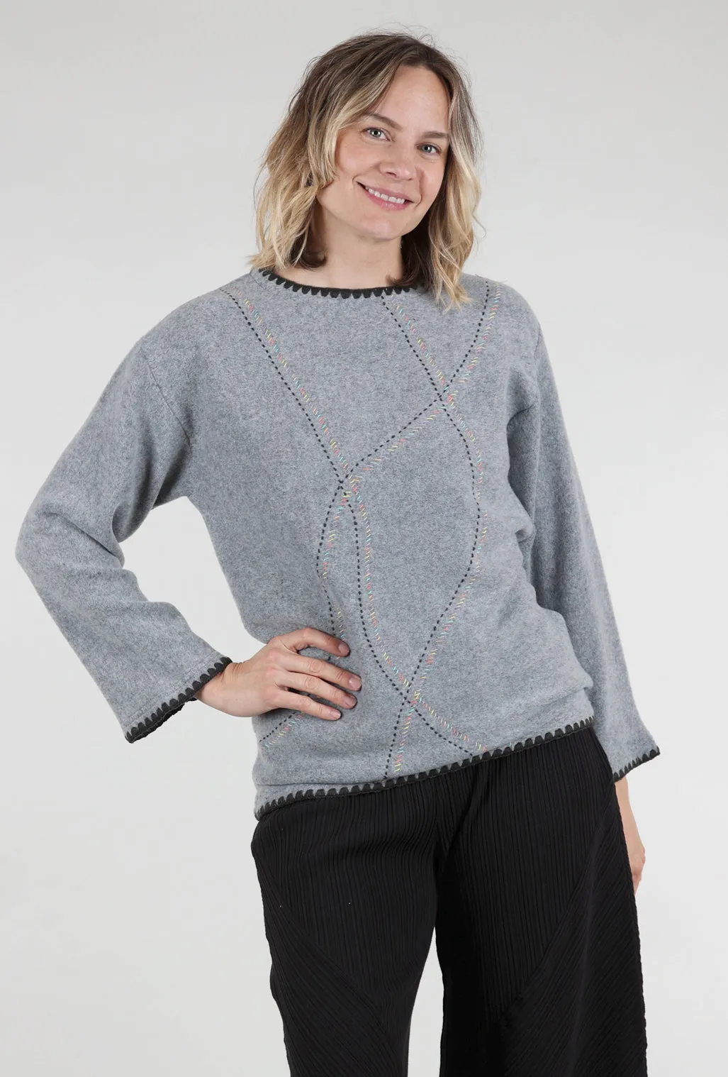 Rainbow Stitch Brushed Pullover, Gray Polka Dot Sweet Style
