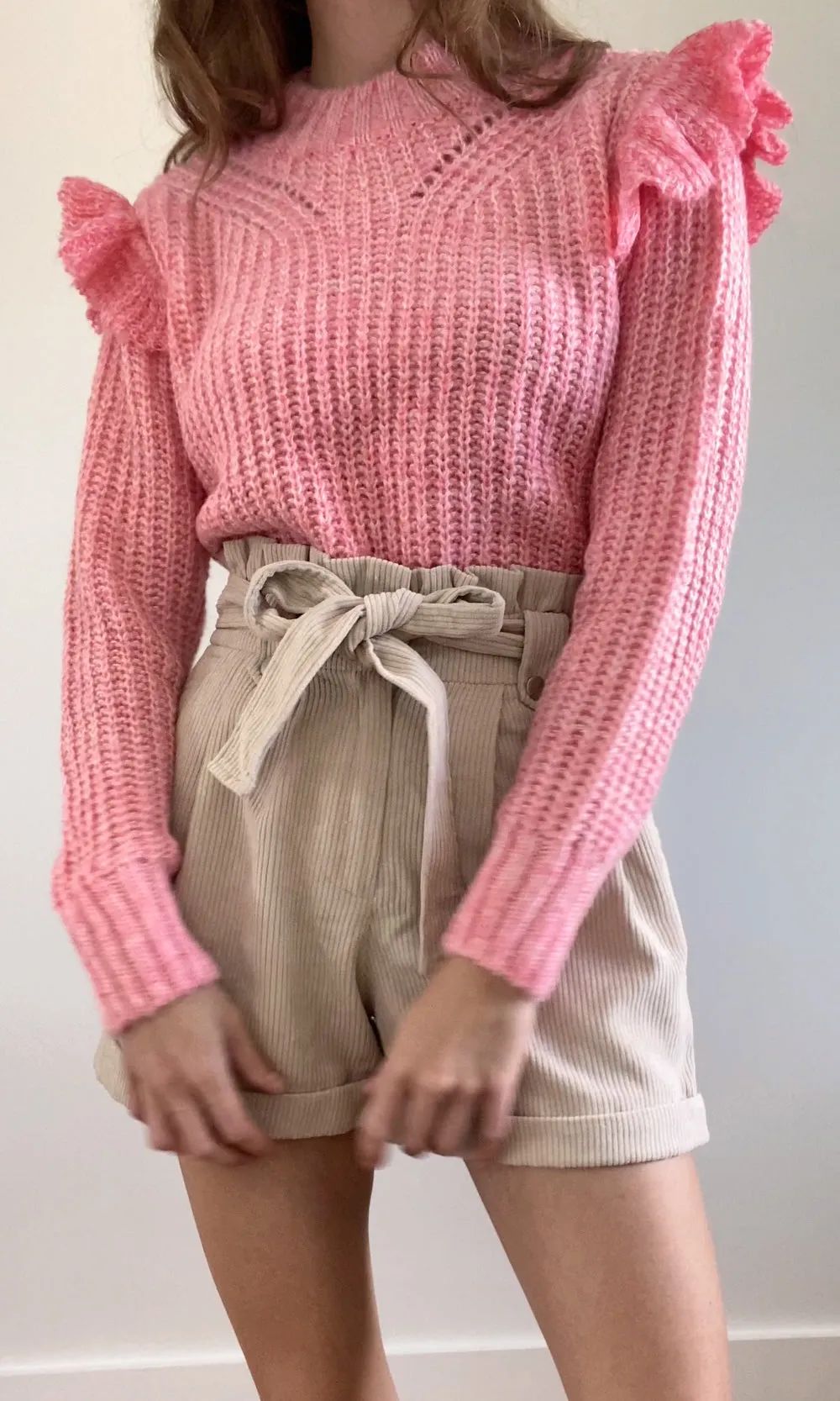Color locked Ruth Ruffle Shoulder Sweater in Pink