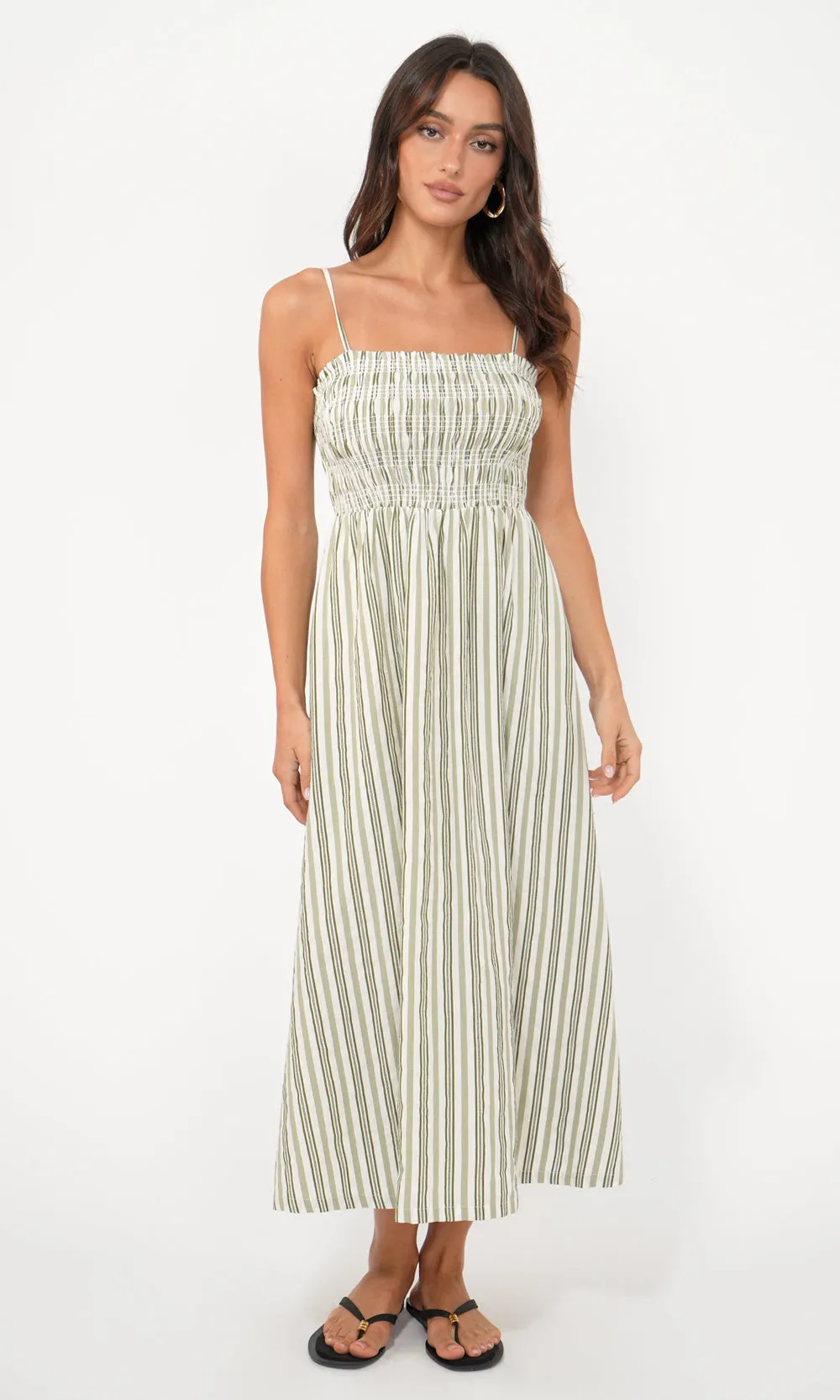 Colorful Goods Lanis Stripe Smocking Removable Strap Midi Dress