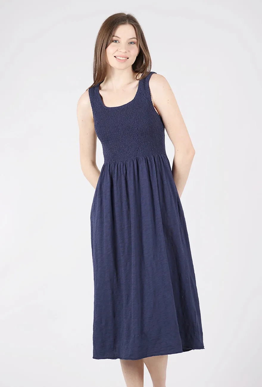 Textured Flow Short Sleeve Smocked Tank Midi Dress, Navy