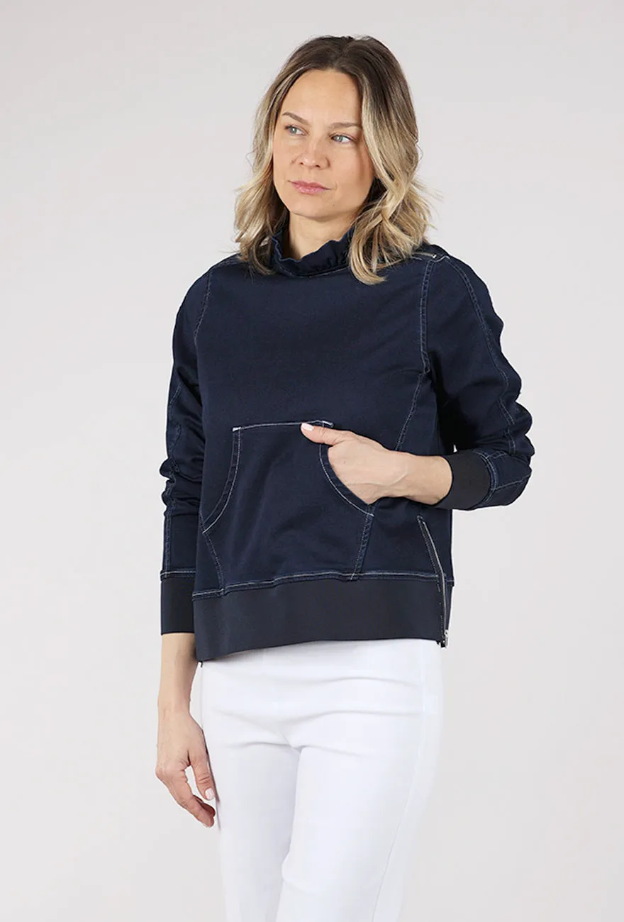 Comfortable Wear Tatum Ruffle Neck Zip Top, Indigo