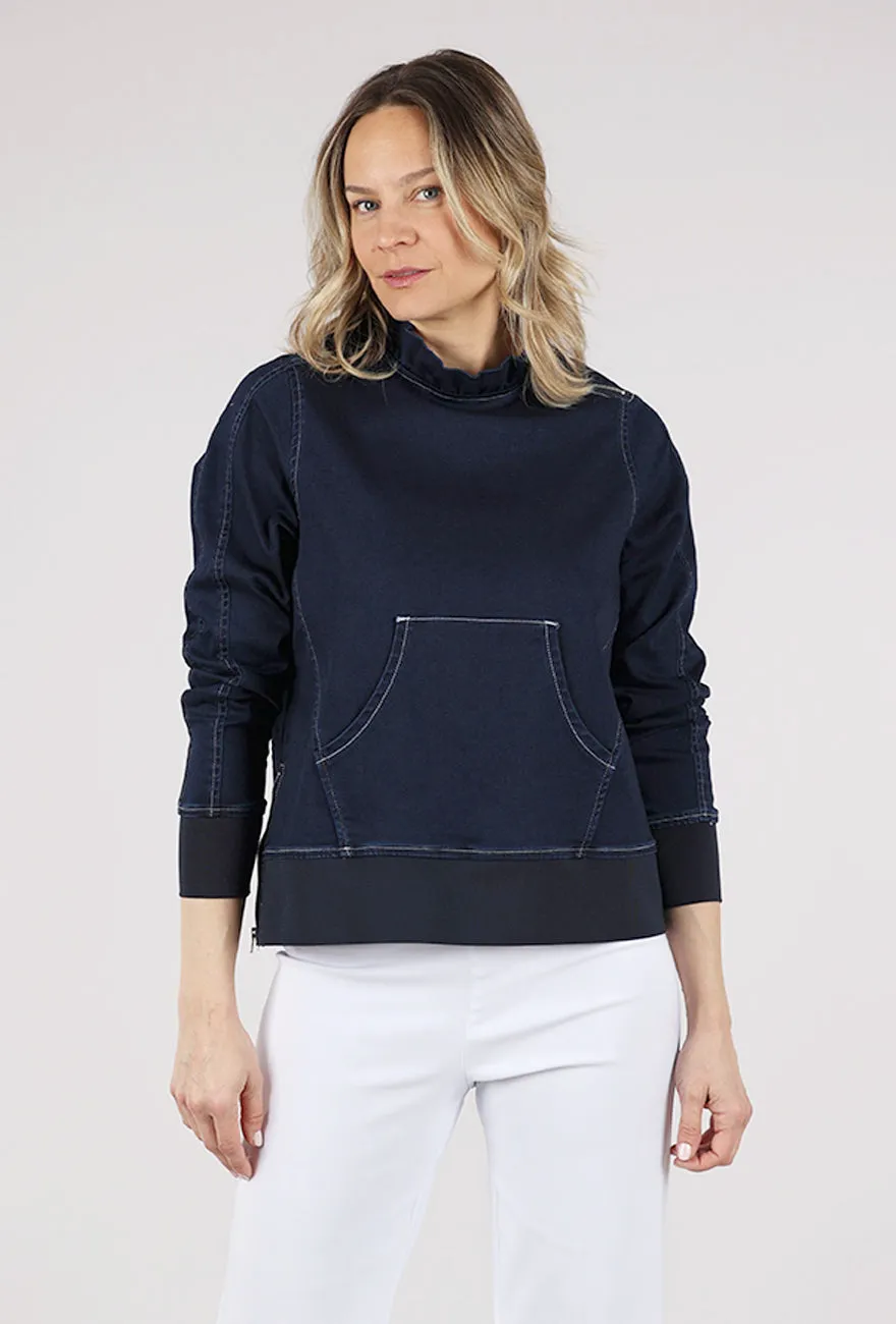 embroidered decoration Tatum Ruffle Neck Zip Top, Indigo