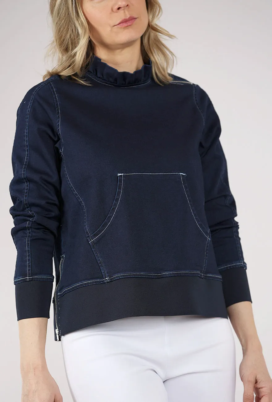 Comfortable Wear Tatum Ruffle Neck Zip Top, Indigo