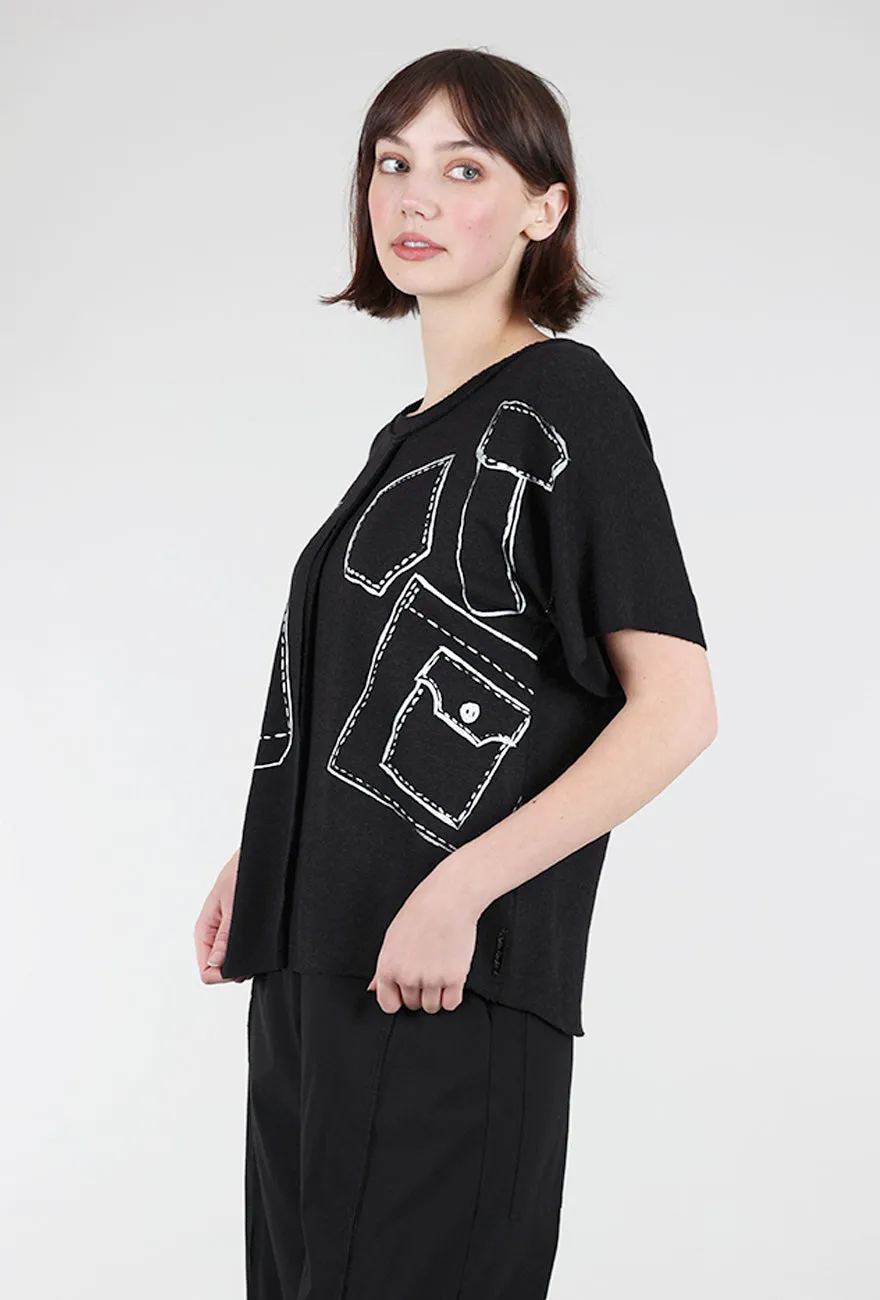Comfy Design Pocket Print Knit Crew, Black/White