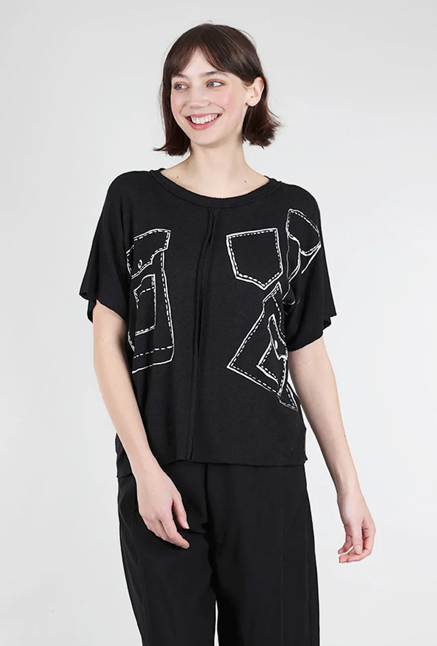 Stand Collar Pocket Print Knit Crew, Black/White