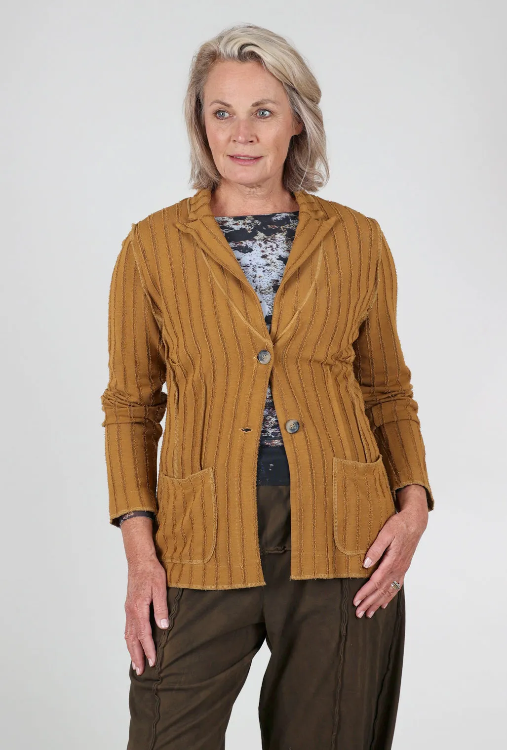 Frayed Stripe Fitted Blazer, Brass Neutral Fit Design Chill Weather