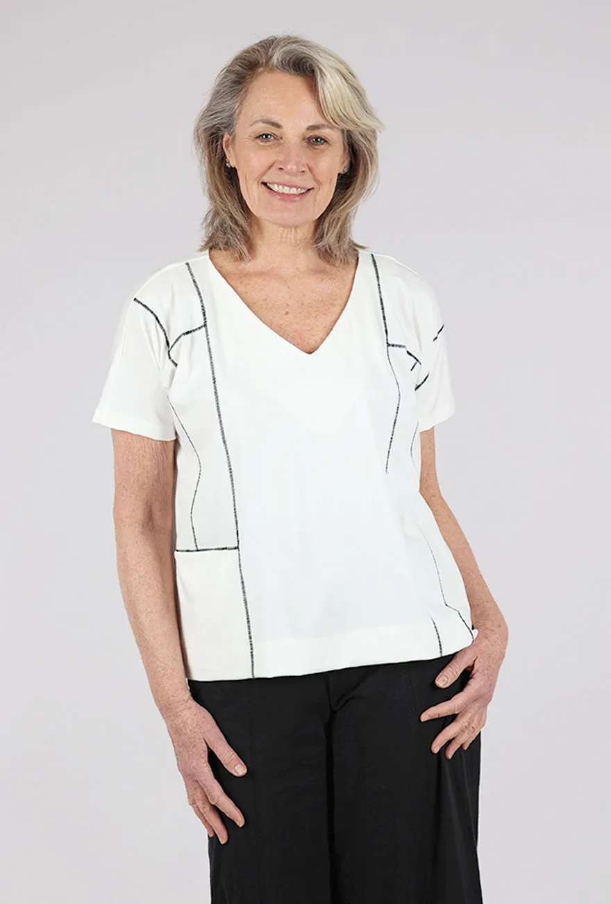 Bohemian Sustainable Contrast Stitch Pocket Top, Ivory