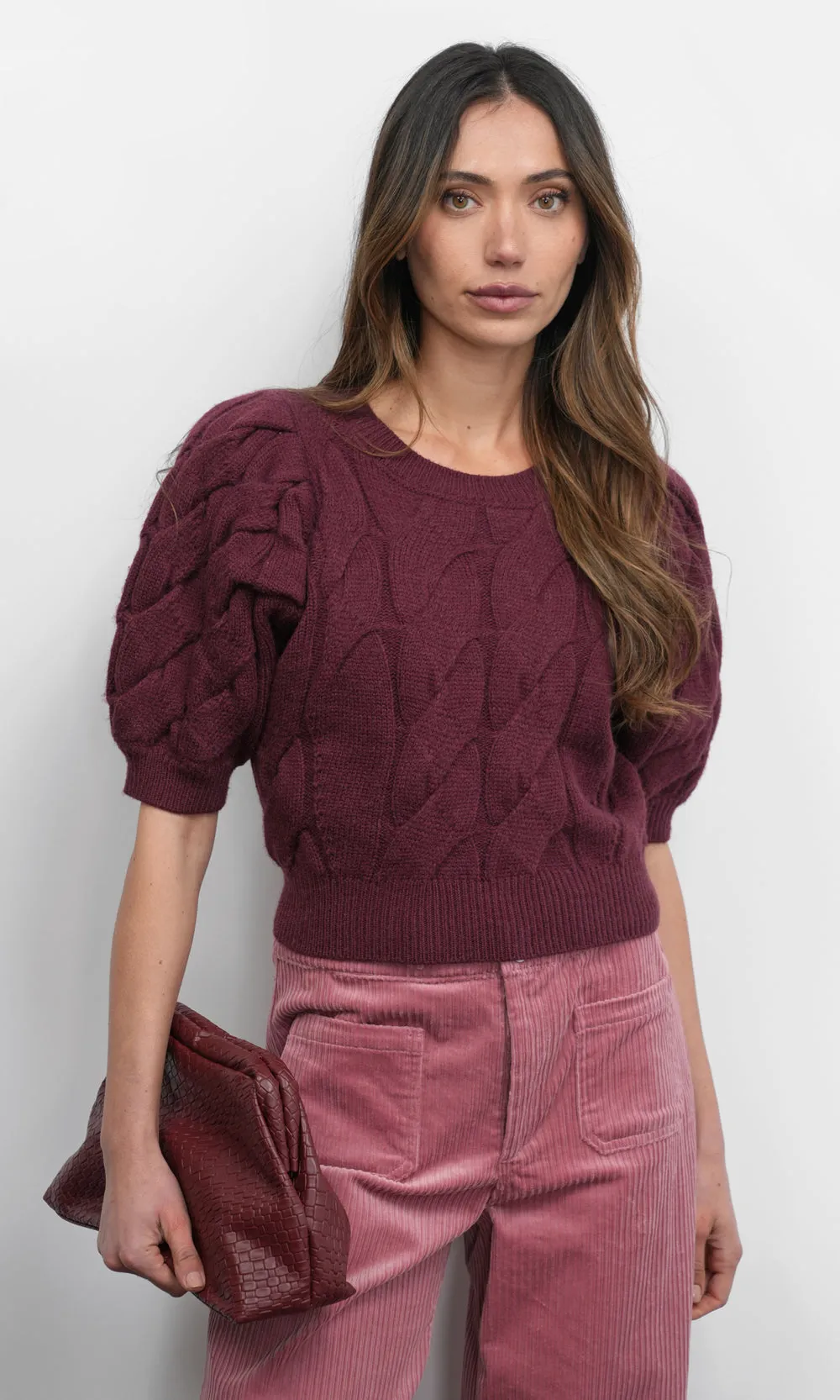 Hallie Cable Knit Puff Sleeve Sweater Top G258WT6098