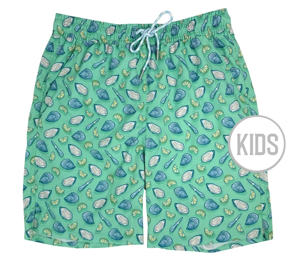 Game Day Oyster Affair: Kid's Swim Trunks - Mint
