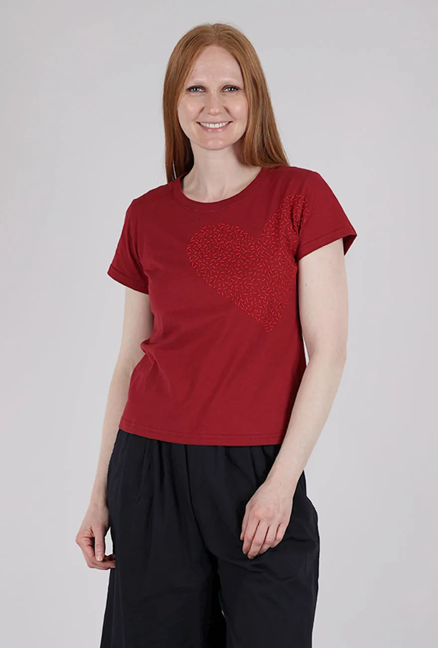Cotton Blend Big Heart Hand-Embroidered Tee, Wine