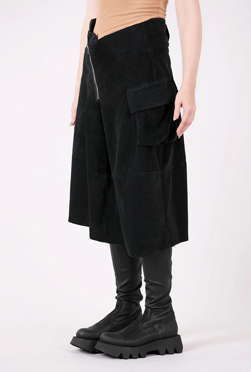 Corduroy Asym Zip Skirt, Black Smooth Wear