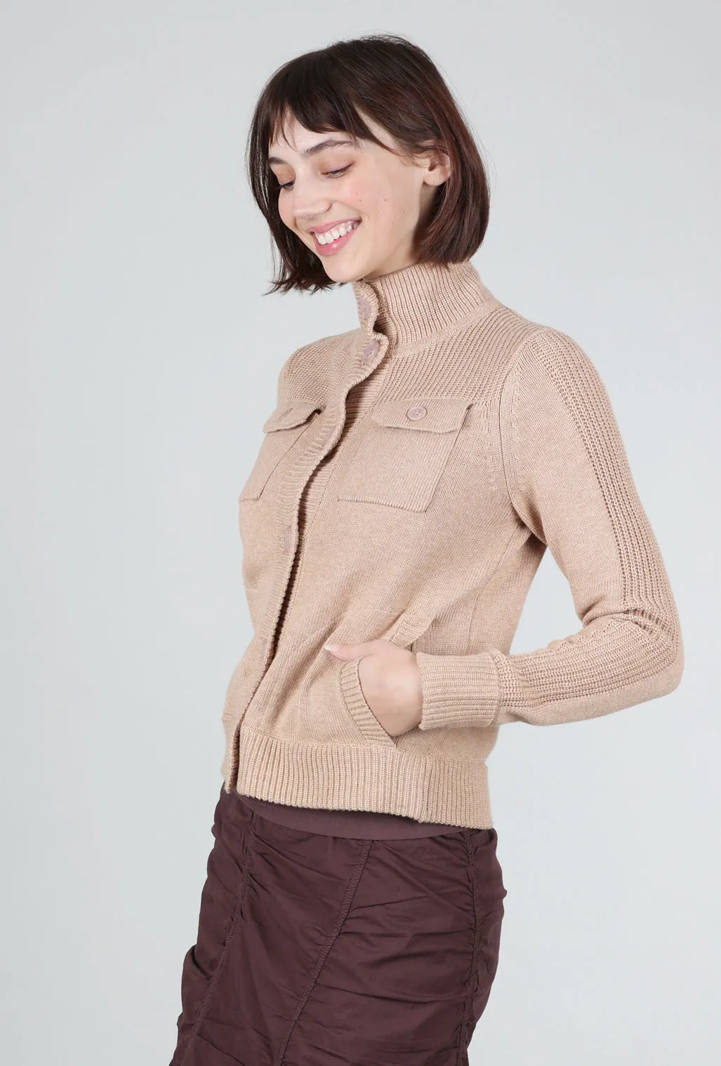 Cotton Cargo Cardie, Camel Thick Fleece