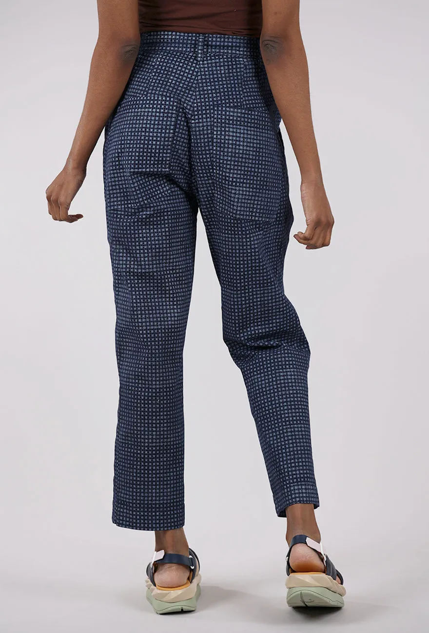Cotton Check Curve Seam Trouser, Navy Clean Style