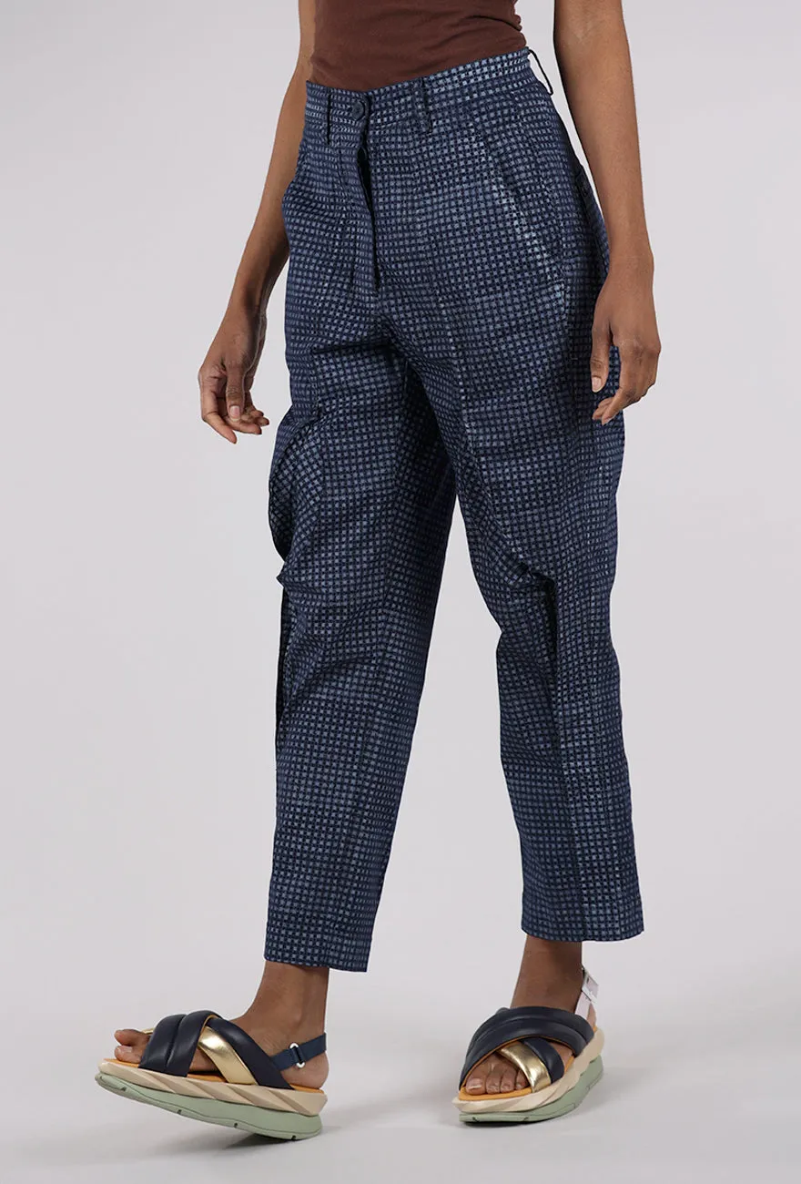 Cotton Check Curve Seam Trouser, Navy Clean Style