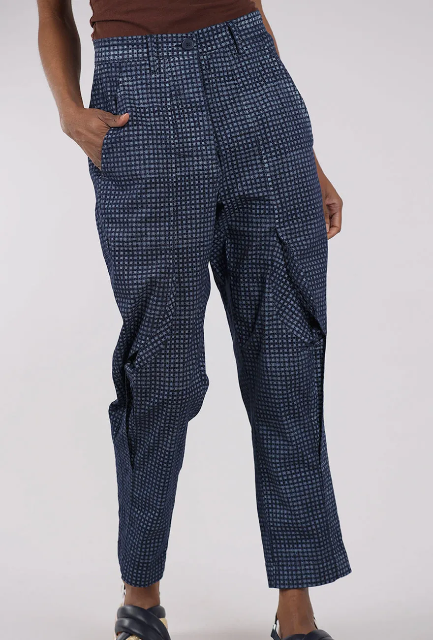 Cotton Check Curve Seam Trouser, Navy Clean Style