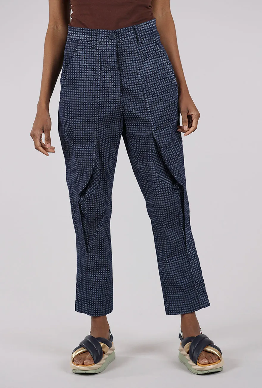 All-Day Wear Easy Care Cotton Check Curve Seam Trouser, Navy