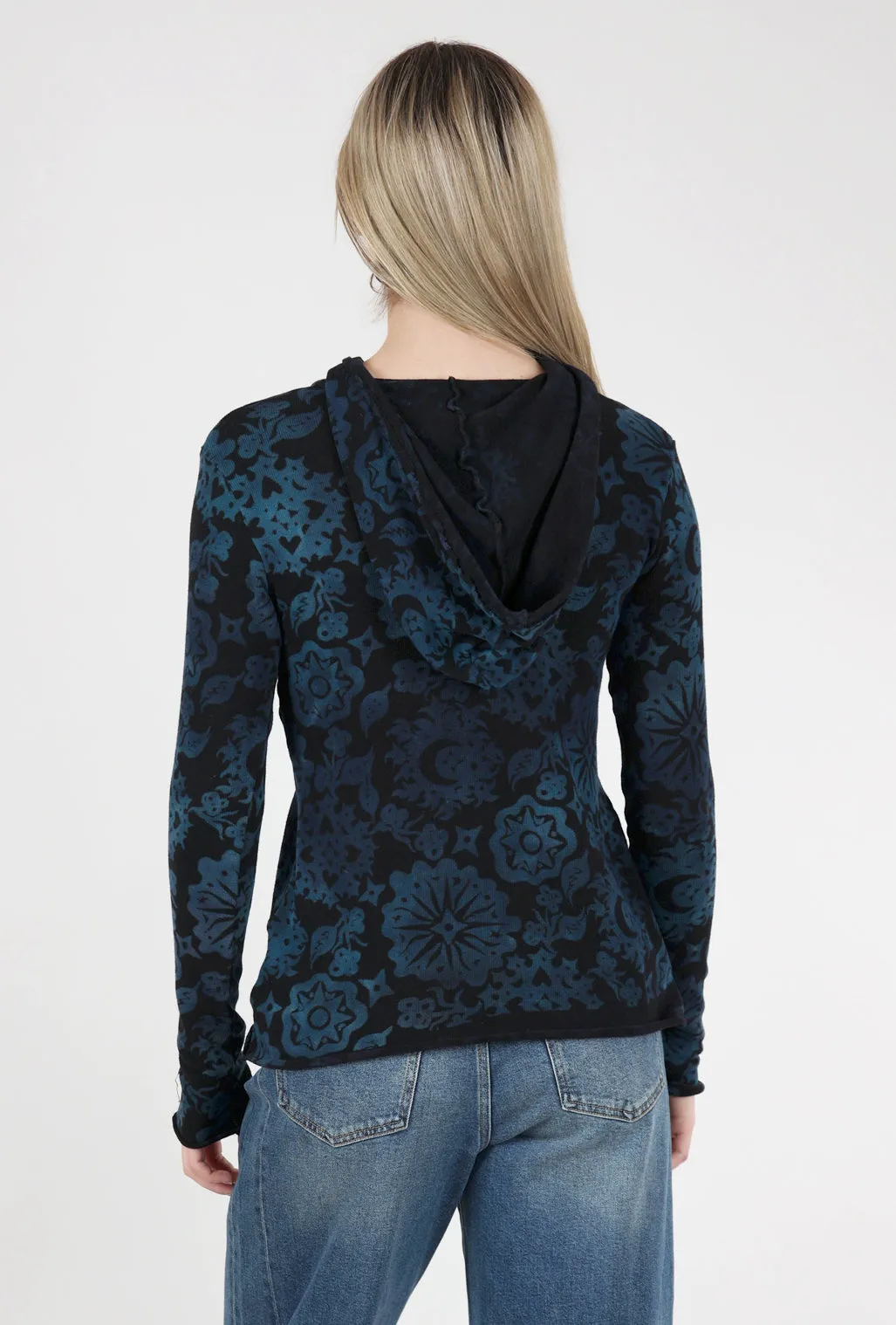 Cozy Moon Print Hoodie, Blue Smooth Finish