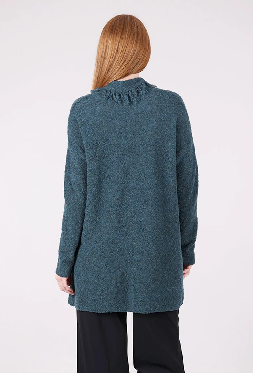 Crisp Non-deforming Fringed Lapel Cardie, Teal