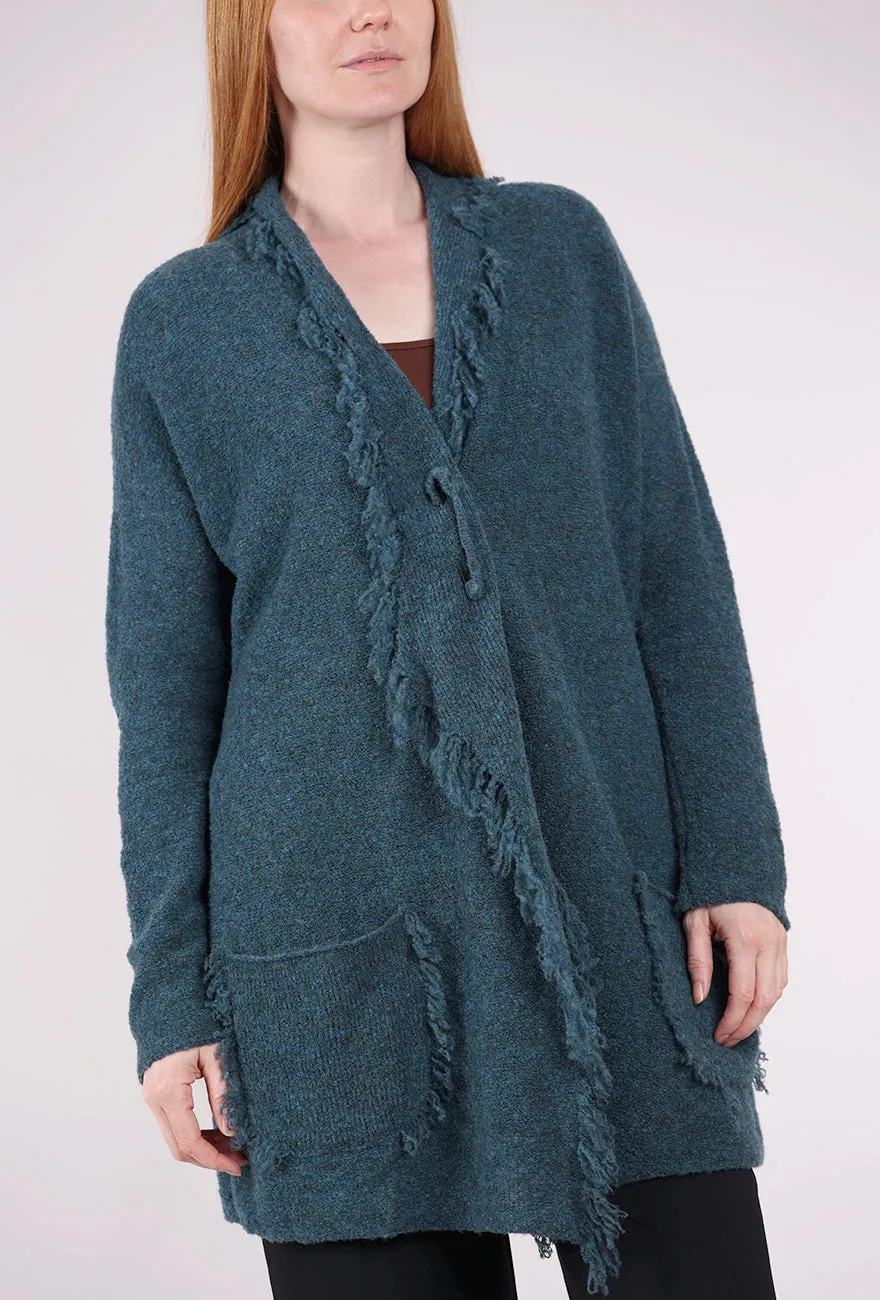 Crisp Non-deforming Fringed Lapel Cardie, Teal