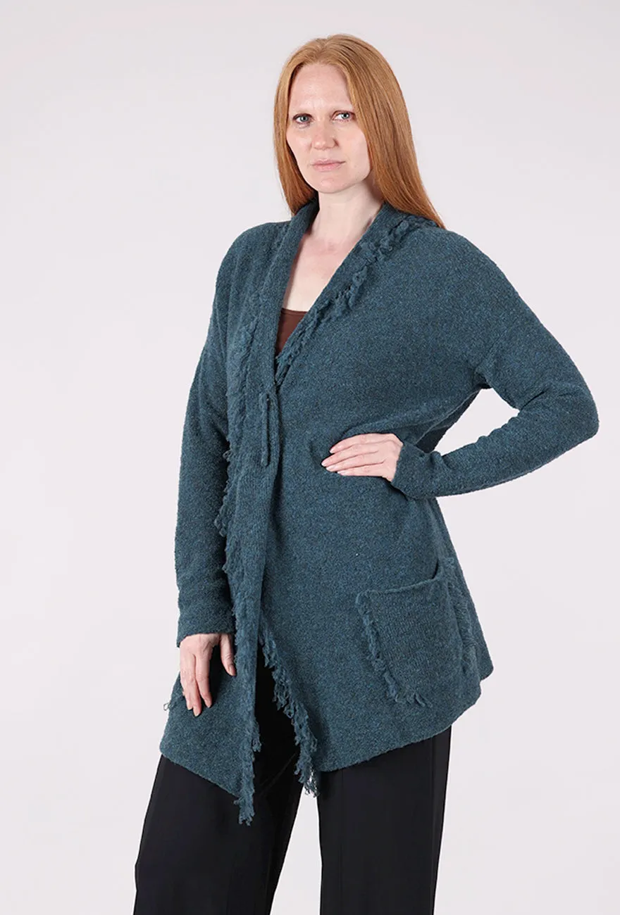Crisp Non-deforming Fringed Lapel Cardie, Teal
