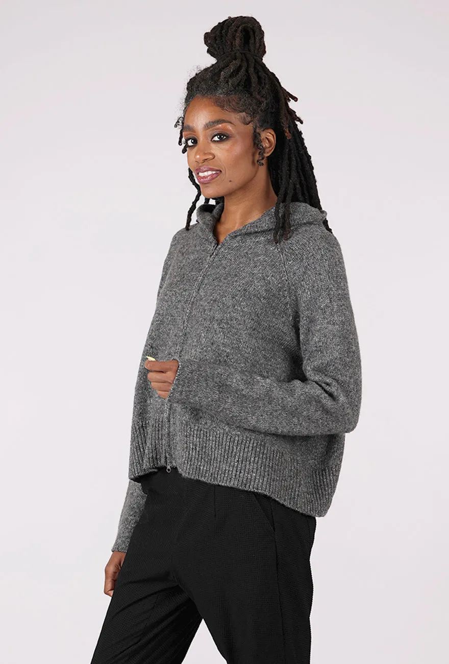 Crop Hooded Swing Sweater, Dark Gray Cable Knit Vintage