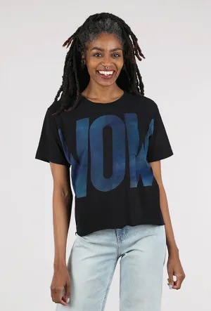 Leisure Style Casual Comfort Crop WOW Tee, Black/Blue