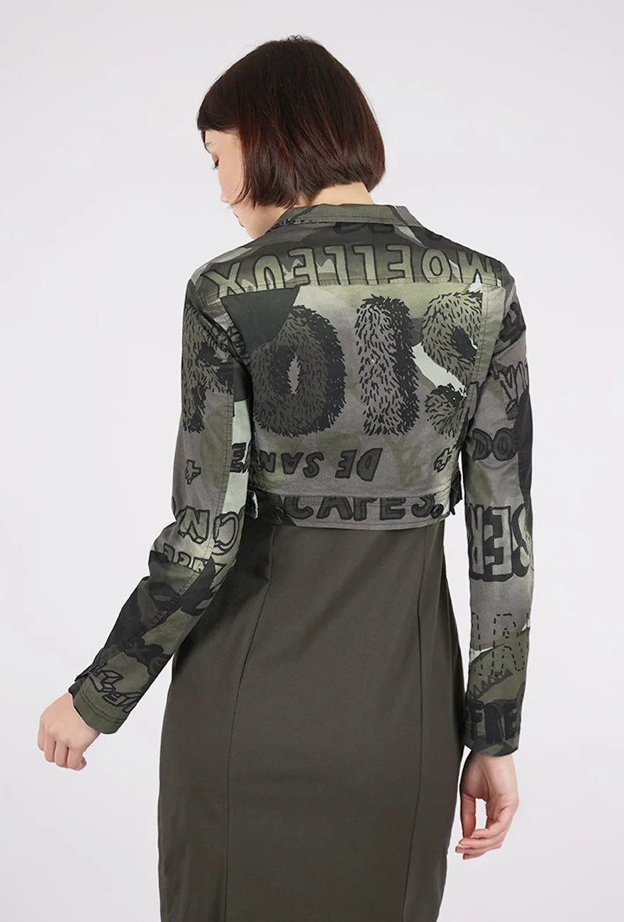 Cropped Stretch Twill Jacket, Jungle Multi Leather Accents