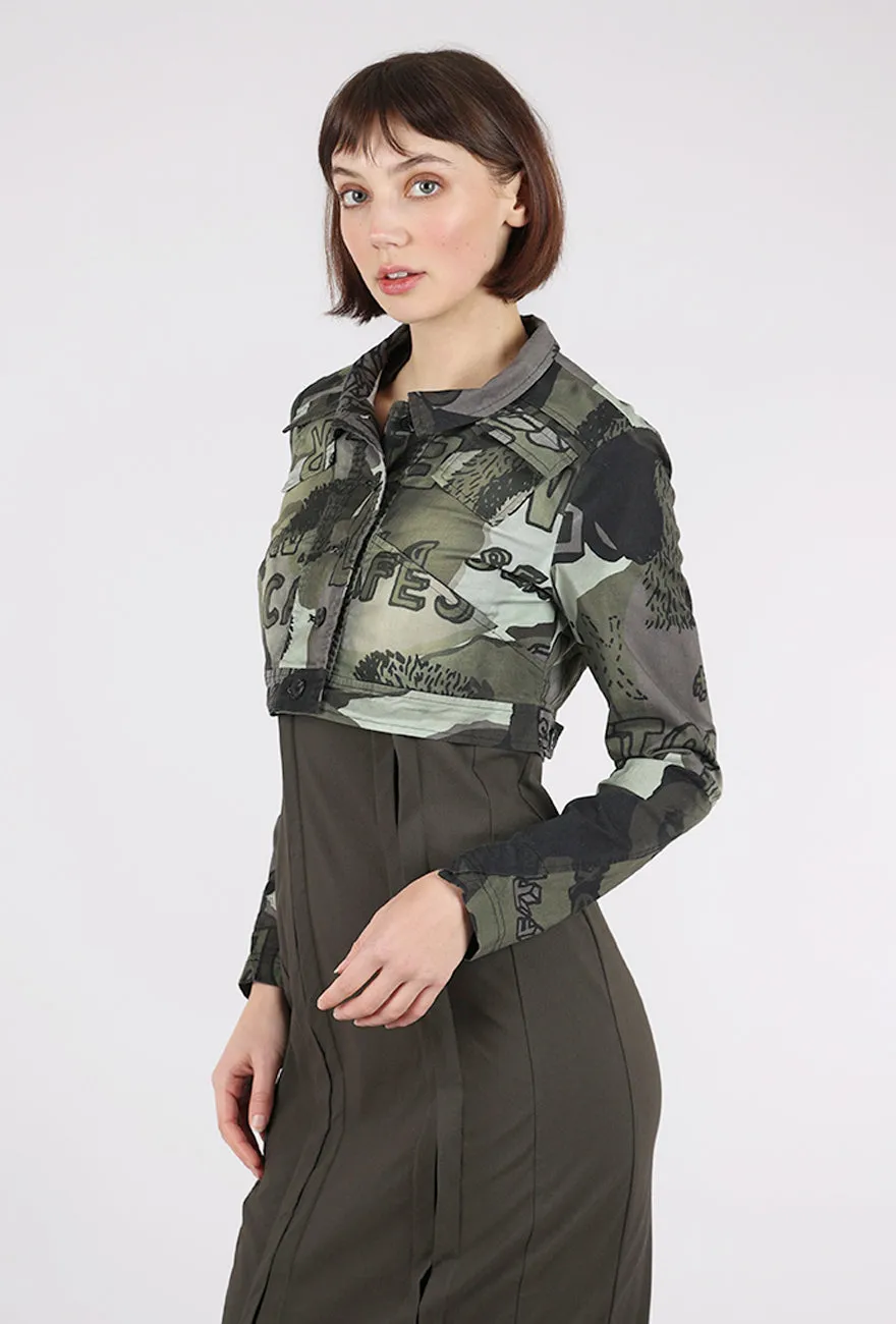 Cropped Stretch Twill Jacket, Jungle Multi Leather Accents