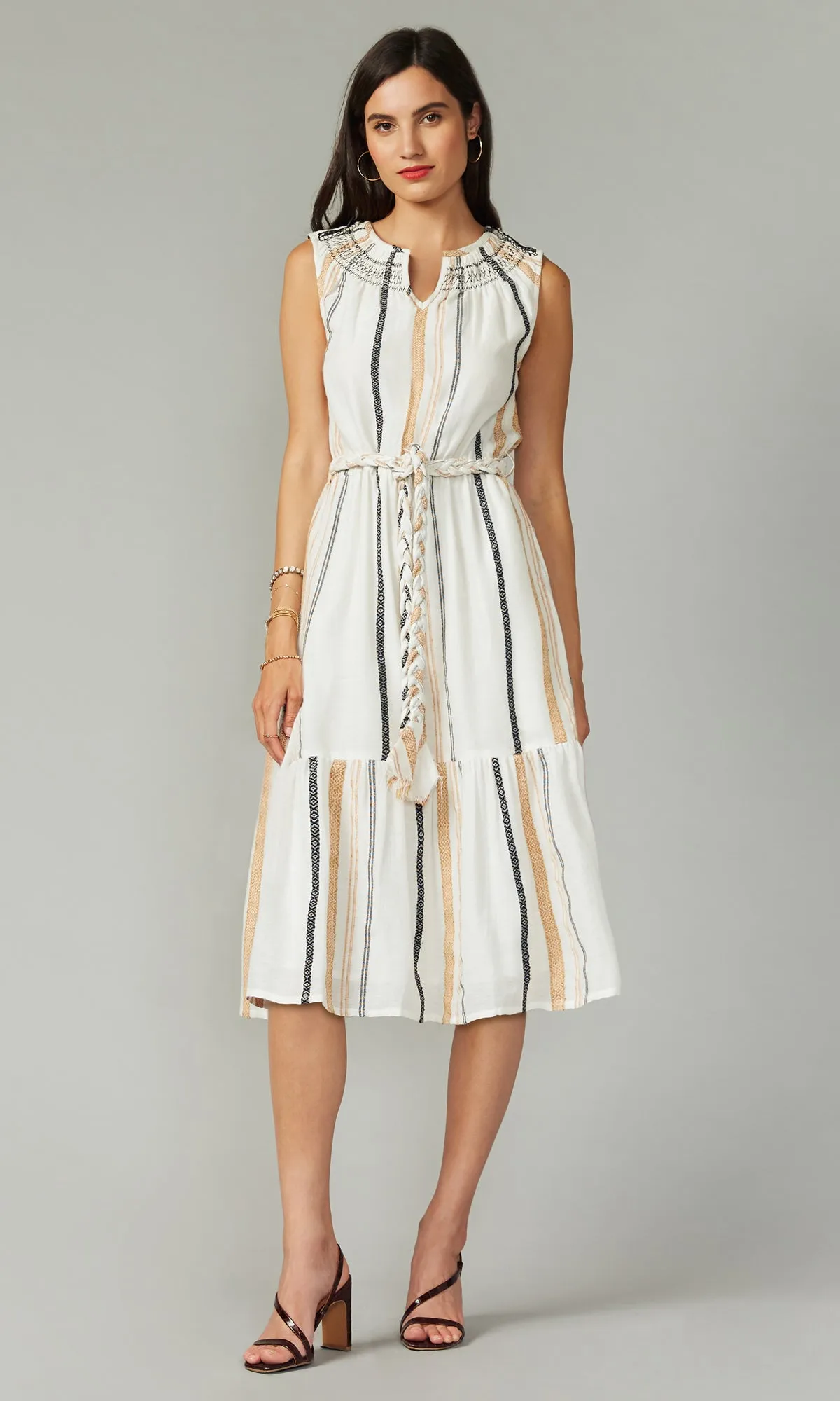 Cruz Smocked Embroidered Yarn Dye Midi Dress Olive Tone