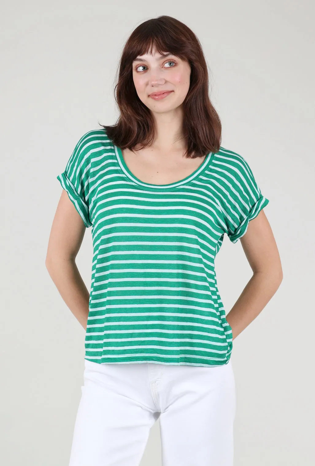 Open-Neck Baby Dolman Roll Cuff, Kelly Green/White Chic Cut crew neck