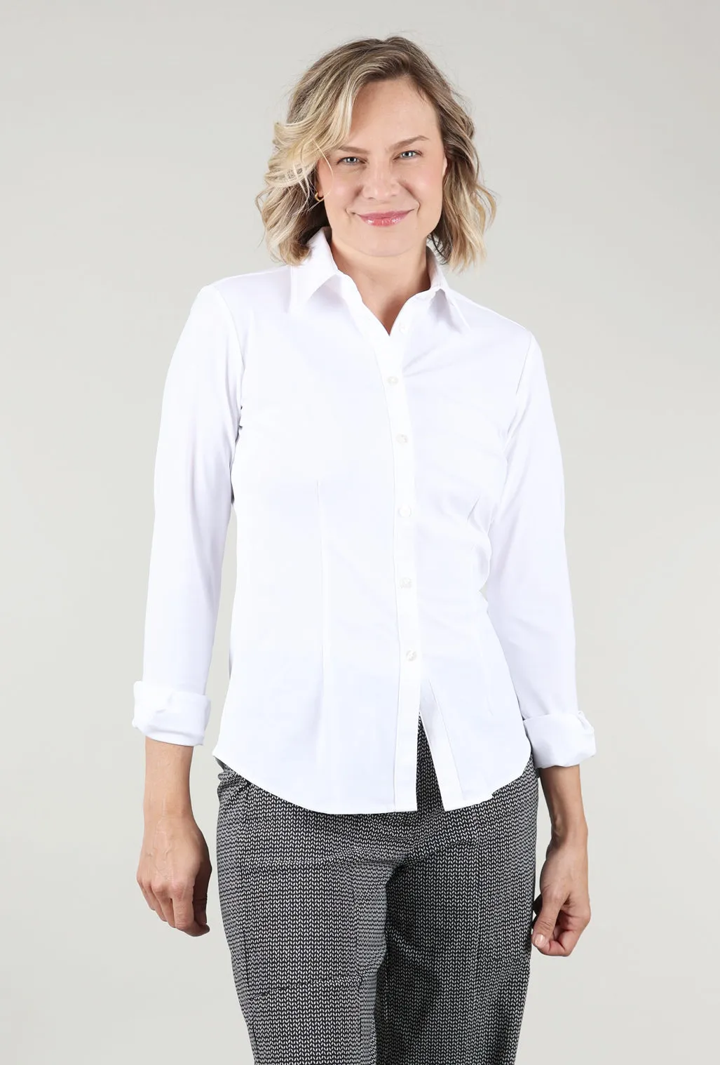 Contrast Stitch Dawn Tech Button-Up Shirt, White