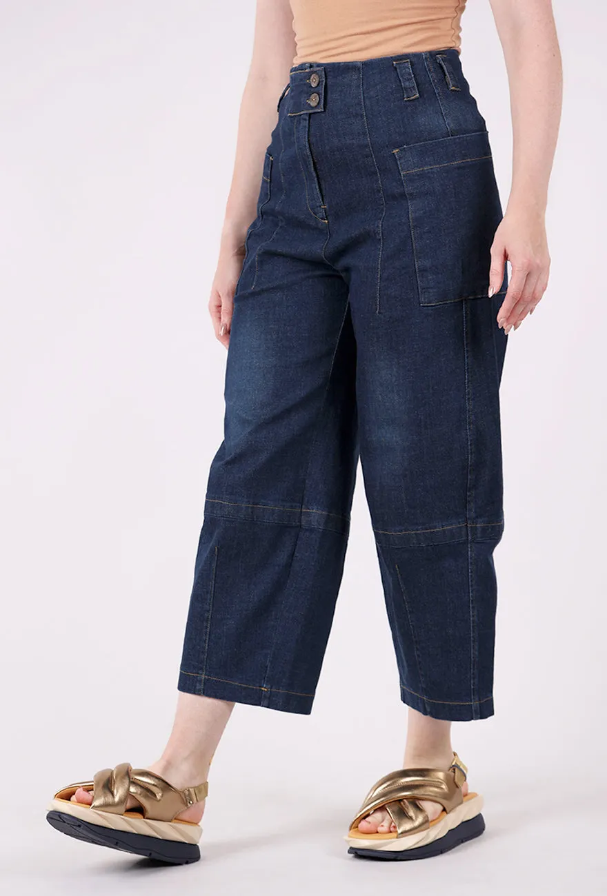 Double Button Barrel Denim, Blue Wide Leg